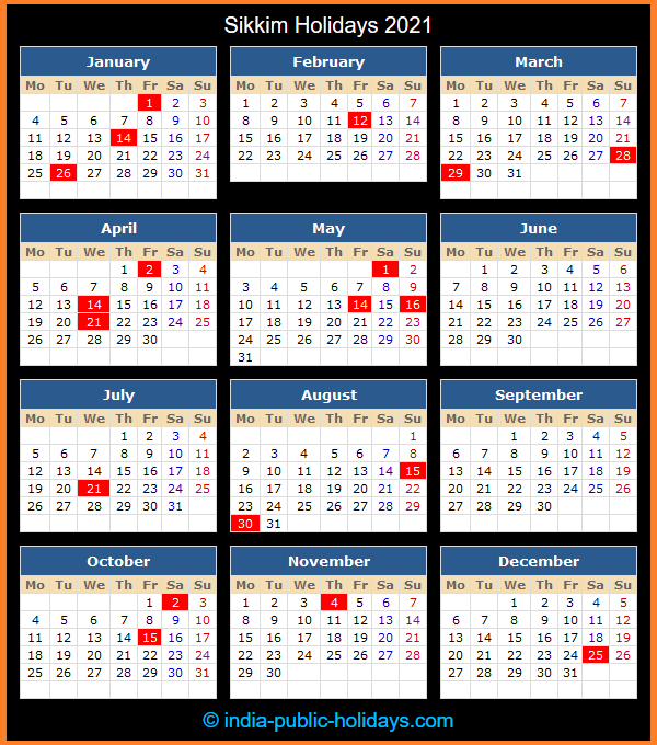 Sikkim Holiday Calendar 2021